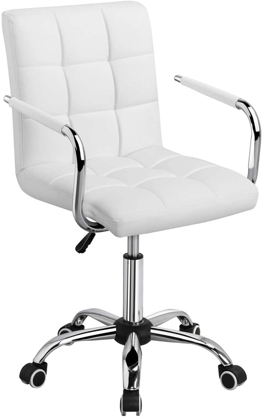 White Desk Chairs with Wheels/Armrests Modern PU Leather Office Chair Midback Adjustable Home Computer Executive Chair on Wheels 360¡ã Swivel