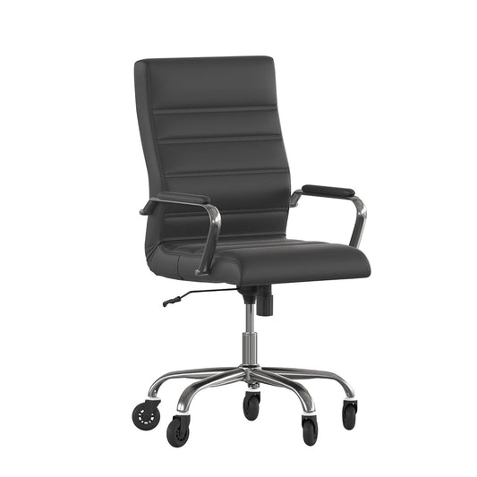 Whitney High Back Black LeatherSoft Executive Swivel Office Chair with Chrome Frame, Arms, and Transparent Roller Wheels