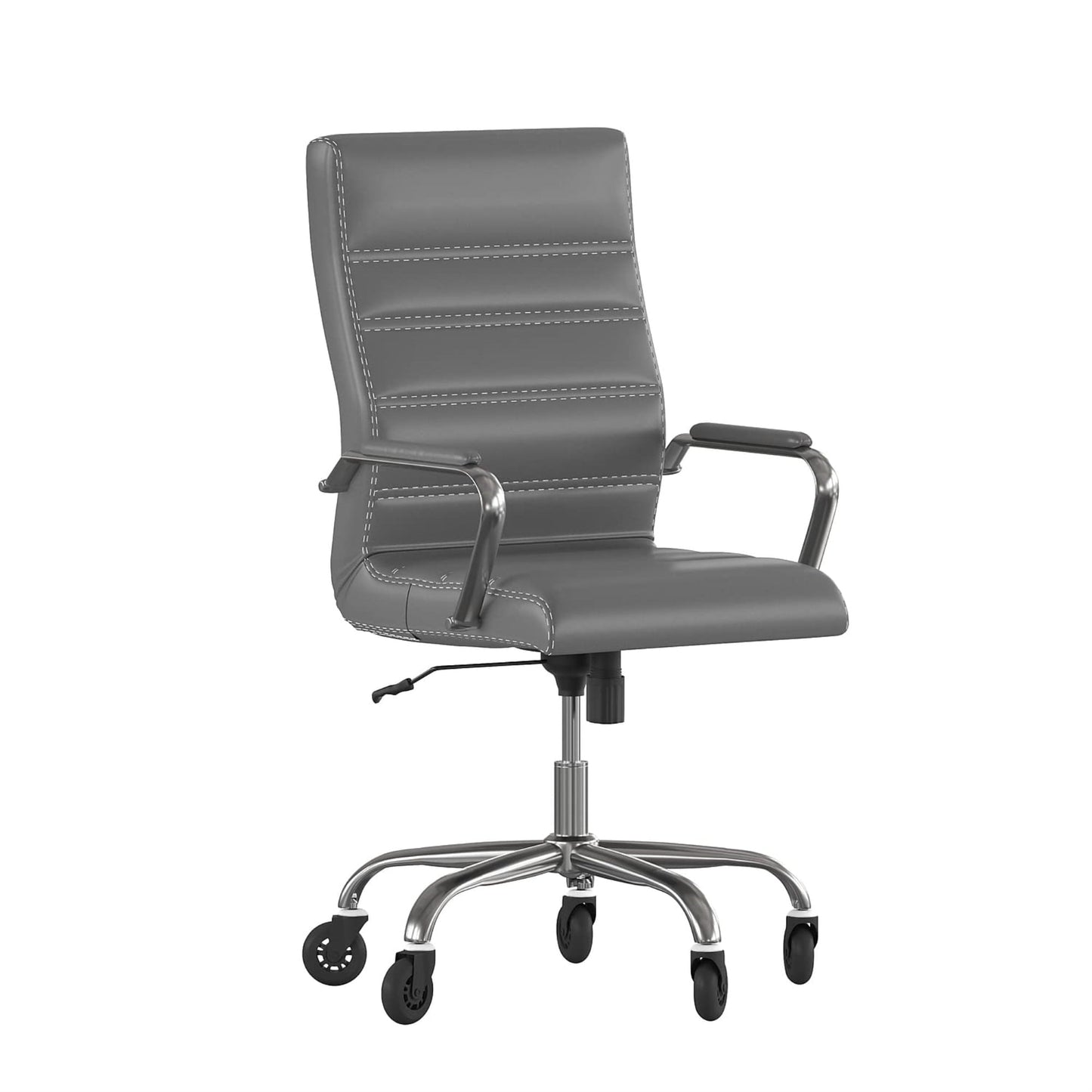 Whitney High Back Gray LeatherSoft Executive Swivel Office Chair with Chrome Frame, Arms, and Transparent Roller Wheels