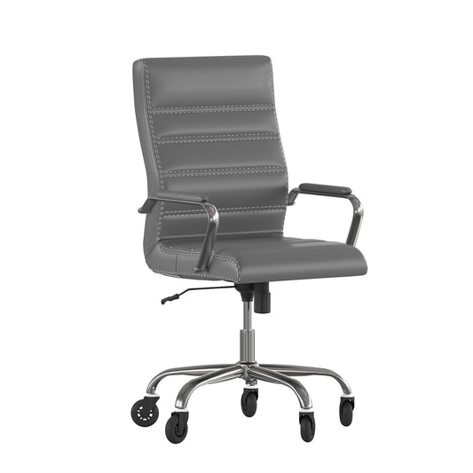 Whitney High Back Gray LeatherSoft Executive Swivel Office Chair with Chrome Frame, Arms, and Transparent Roller Wheels