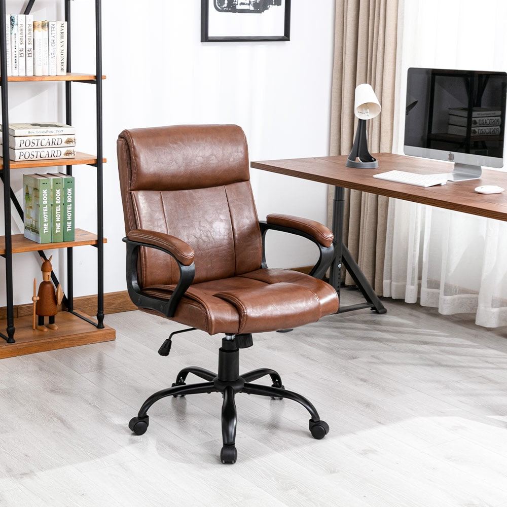 XINMICS Ergonomic Office Chair Adjustable Mid-Back Swivel Desk Chair with Padded Armrests, Brown