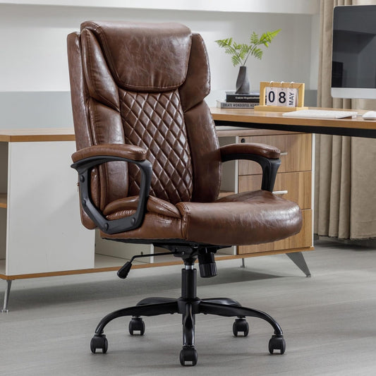 XINMICS Ergonomic Office Chair, PU Leather High Back Executive Chair with Wheels, Brown