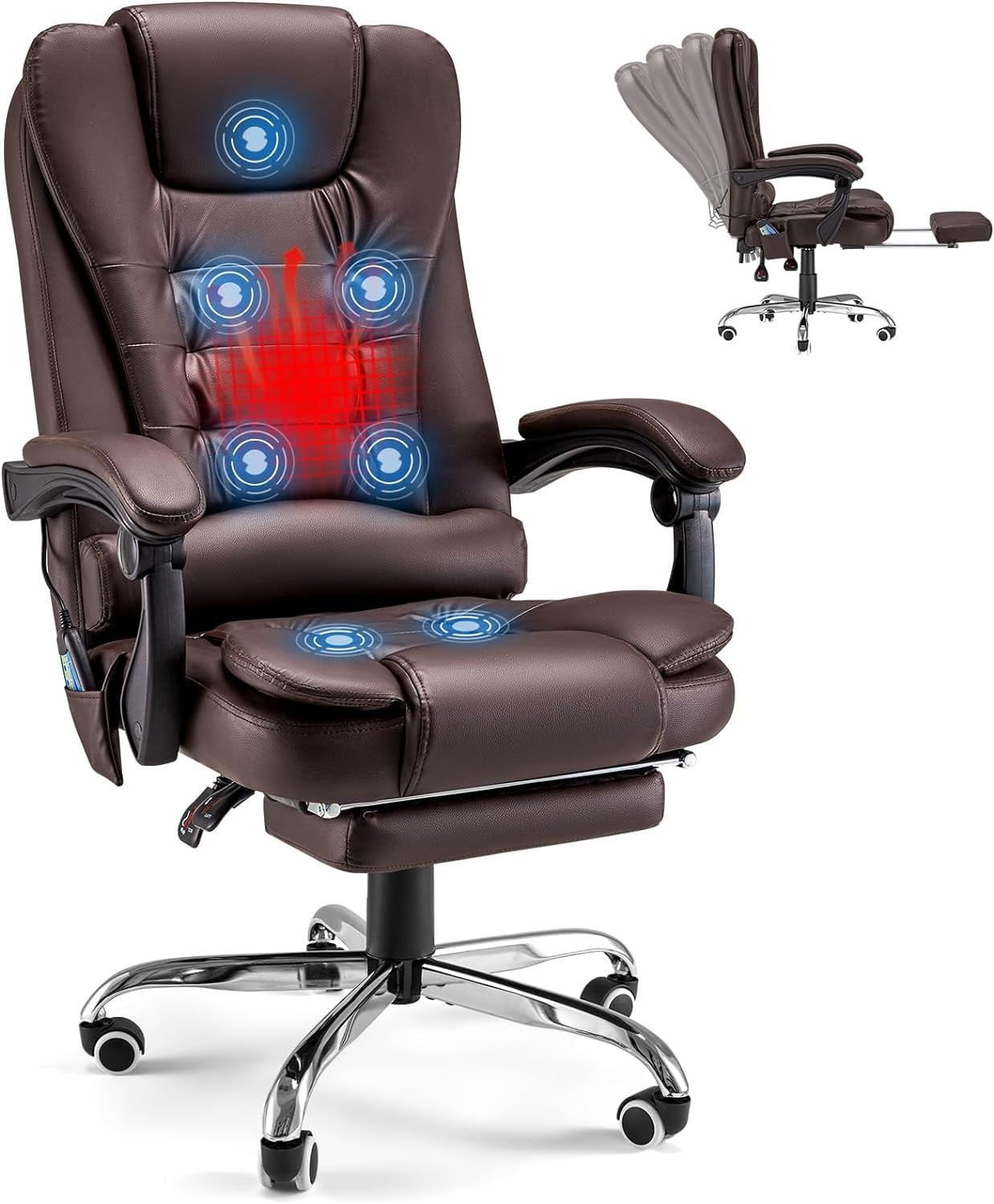 YODOLLA 7 Points Massage Office Chair for adult with Heat Ergonomic Reclining Computer Chair High Back Desk Chair w/Retractable Footrest Ergonomic Leather Office Chair Brown