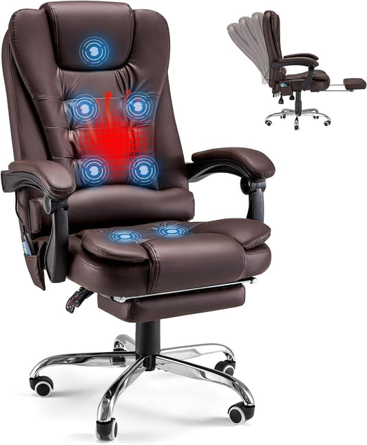 YODOLLA 7 Points Massage Office Chair for adult with Heat Ergonomic Reclining Computer Chair High Back Desk Chair w/Retractable Footrest Ergonomic Leather Office Chair Brown