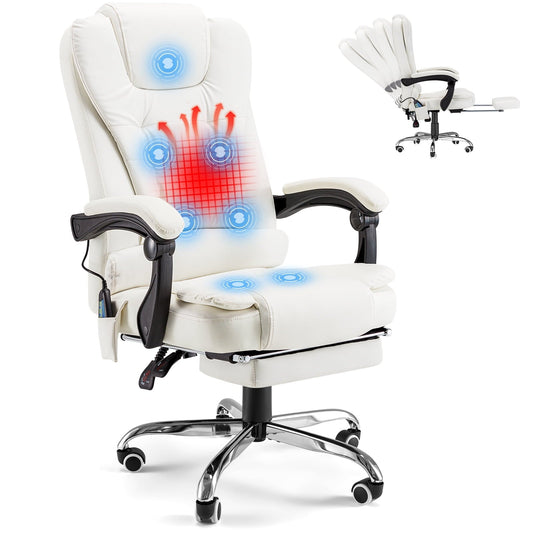 YODOLLA High Back Office Chair Heat & Massage Ergonomic Reclining Desk Chair with Retractable Footrest Executive Swivel Leather Chair for Office,Home,Study,Cream White