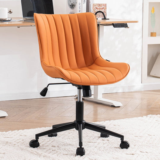 YOUNIKE Cute Armless Office Desk Chair Modern Upholstered Faux Leather Swivel Task Chair, Camel