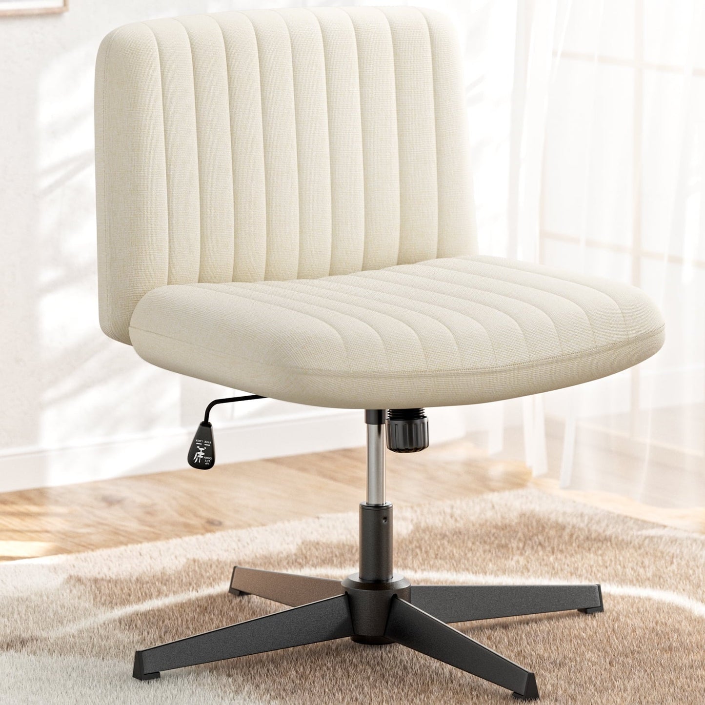 YaFiti Cross Legged Office Chair Armless Office Desk Chair No Wheels Home Office Desk Chair Swivel Adjustable Fabric Vanity Chair, Beige