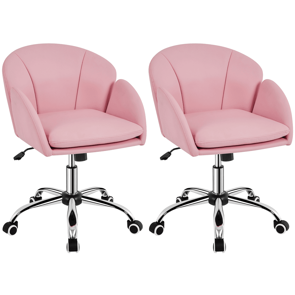 Yaheetech 2pcs Swivel Rolling Desk Chair Makeup Vanity Chair with Armrests, Simple Pink