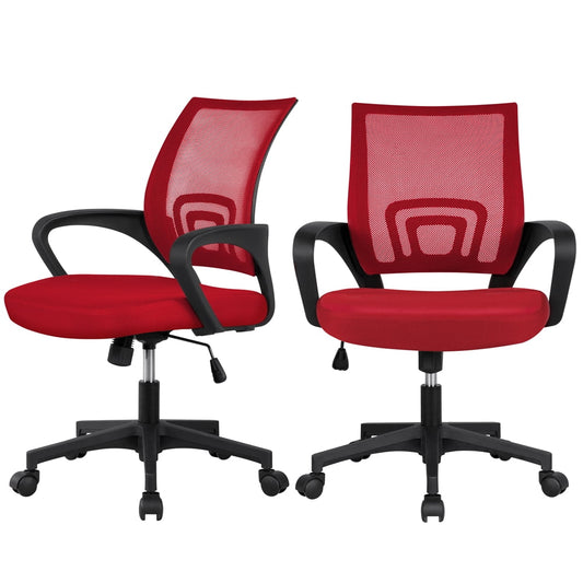 Yaheetech Set of 2 Height Adjustable 360¡ã Rolling Ergonomic Mesh Office Chair Mid-Back Computer Chair w/ Lumbar, Red