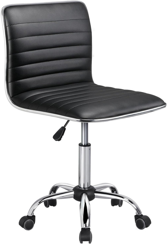 YiSHOP Adjustable Task Chair PU Leather Low Back Ribbed Armless Swivel Black Desk Chair Office Chair Wheels, Black