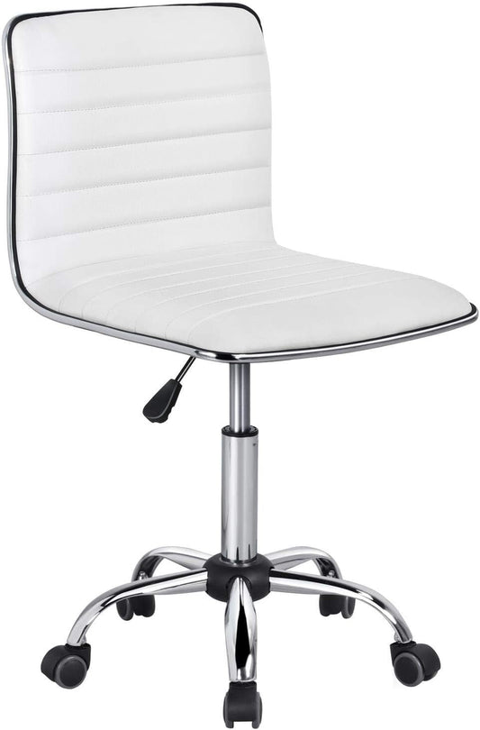 YiSHOP Adjustable Task Chair PU Leather Low Back Ribbed Armless Swivel White Desk Chair Office Chair Wheels