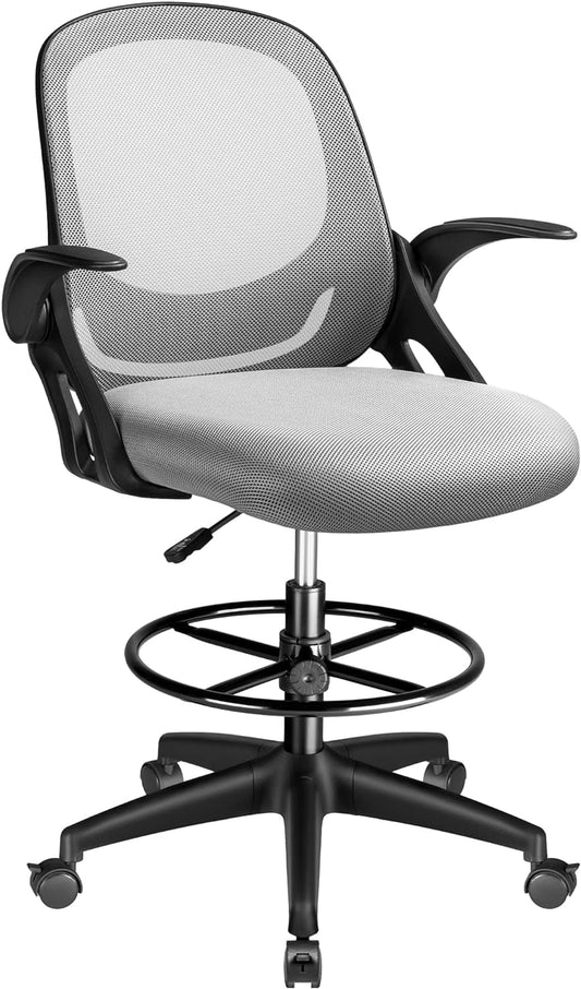 YiSHOP Drafting Chair Tall Office Chair with Flip-up Armrests Executive Computer Standing Desk Chair with Lockable Wheels and Adjustable Footrest Ring (Light Grey)