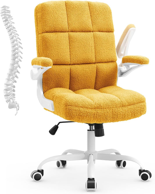 YiSHOP Ergonomic Office Chair Yellow Teddy Velvet Fabric Computer Desk Chairs Rolling Swivel Task Chair for Adults and Teens, Executive Office Chair with Wheels and Flip-up Arms