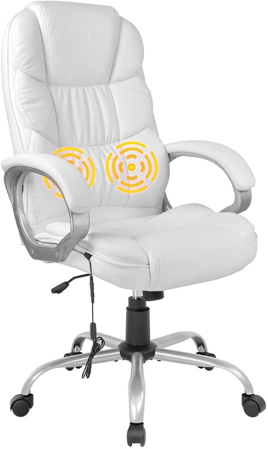 YiSHOP Ergonomic White Faux Leather Executive Chair with Lumbar Support, Massage Vibration, Swivel, and Armrests for Home or Office Use