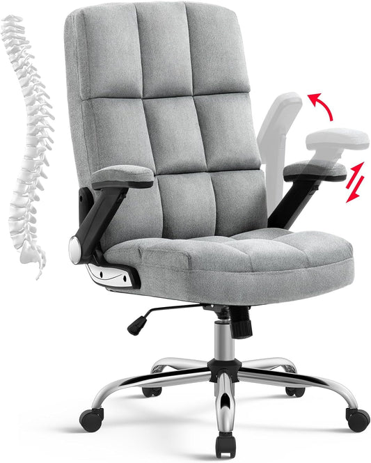 YiSHOP High Back Fabric Home Office Chair Comfotable Thick Padding Ergonomic Executive Computer Desk Chair with Flip-up Arms,Grey