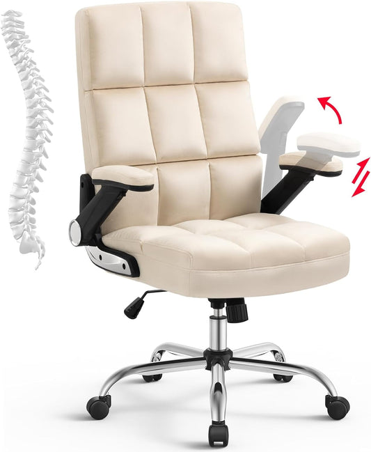 YiSHOP High Back Fabric Home Office Chair with Swivel, Executive Computer Desk Adjustable Tilt and Flip-up Armrest, Comfy Thick Padding Ergonomic Beige
