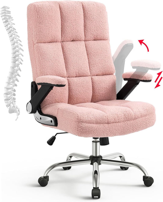 YiSHOP High Back Home Office Chair Comfy Faux Fur Executive Computer Desk Chair with Wheels and Flip-up Arms,Rocking Big&Tall Ergonomic Task Chair Pink Thick Padding