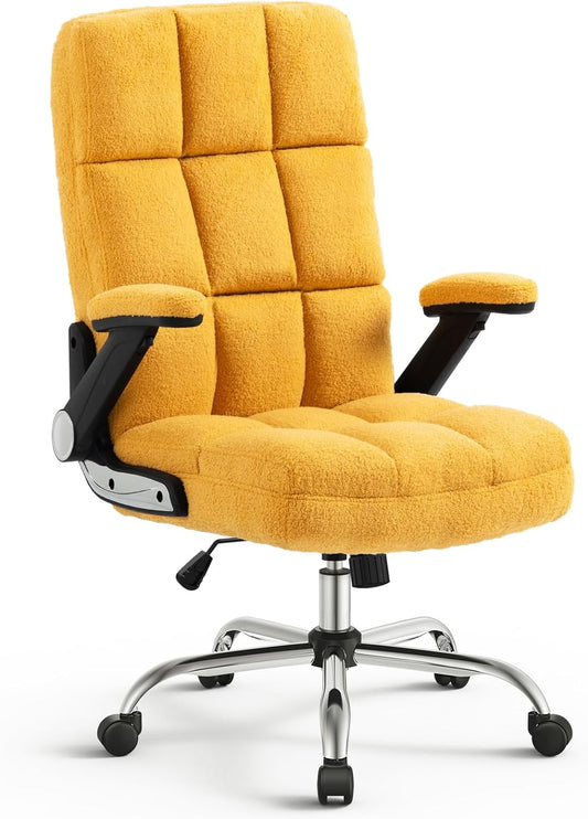 YiSHOP High Back Home Office Chair Comfy Faux Fur Executive Computer Desk Chair with Wheels and Flip-up Arms,Rocking Big&Tall Ergonomic Task Chair Yellow Thick Padding