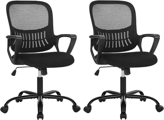 YiSHOP Office Computer Desk Managerial Executive Chair, Ergonomic Mid-Back Mesh Rolling Work Swivel Chairs with Wheels, Comfortable Lumbar Support, Comfy Arms for Home,Bedroom,Study,Student,Black