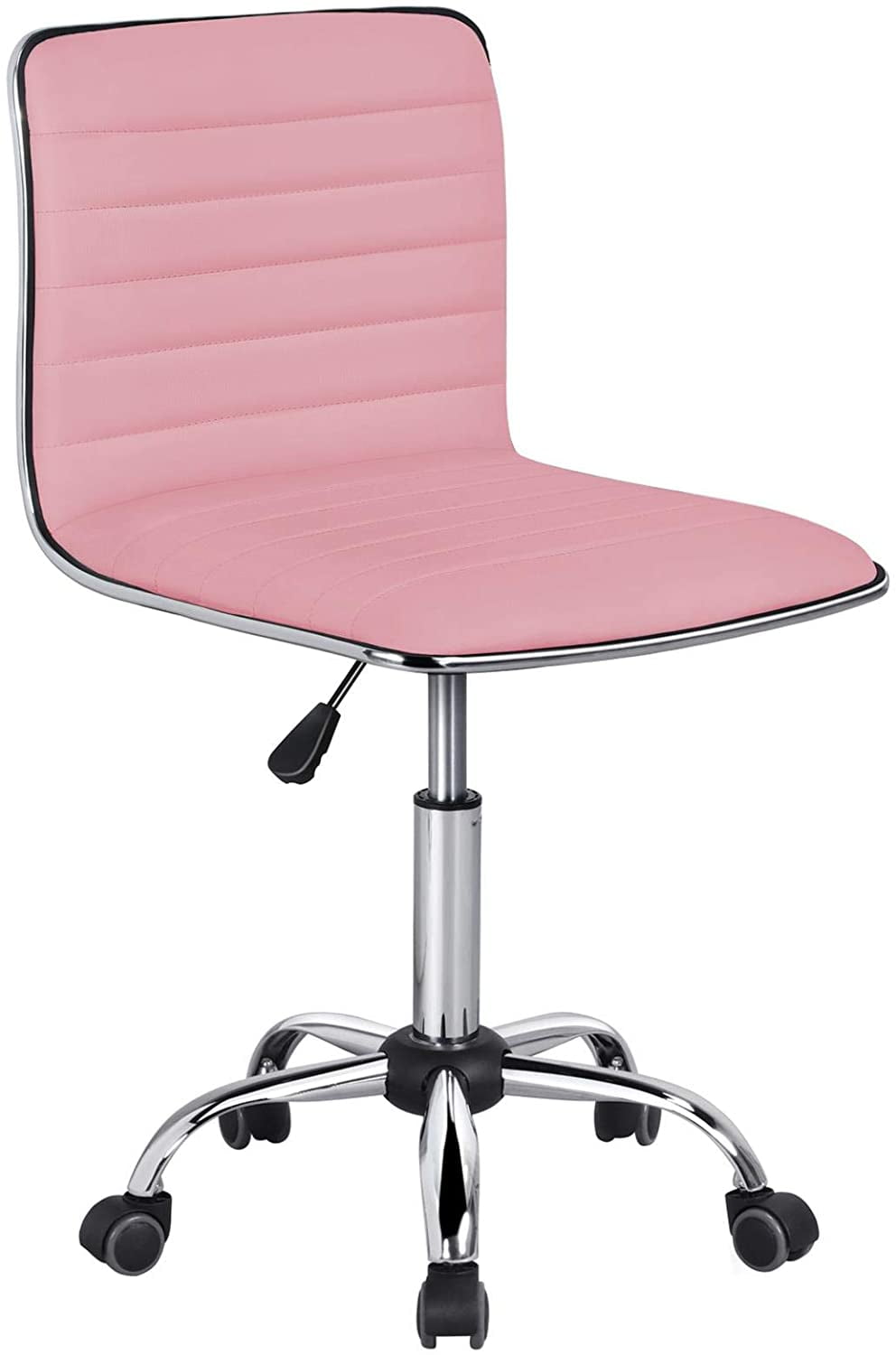 YiSHOP Pink Low Back PU Leather Ribbed Armless Office Chair, Ergonomic Swivel Task Chair with Wheels for Women