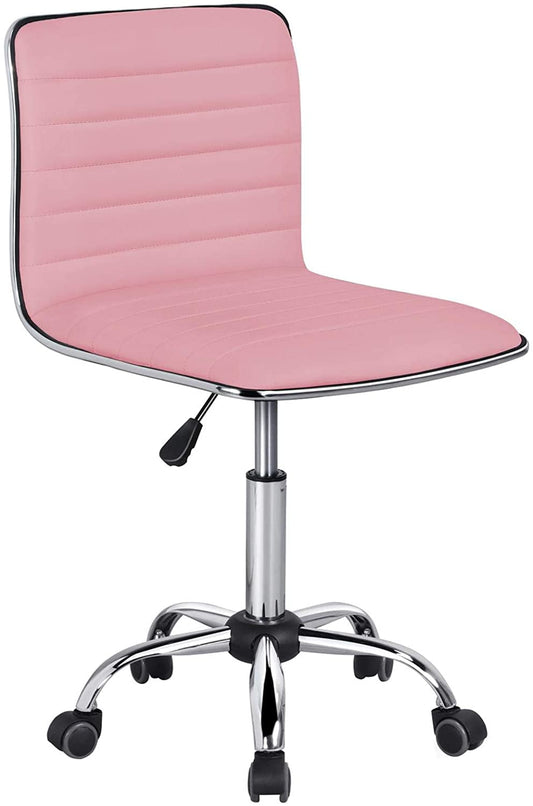 YiSHOP Pink Low Back PU Leather Ribbed Armless Office Chair, Ergonomic Swivel Task Chair with Wheels for Women