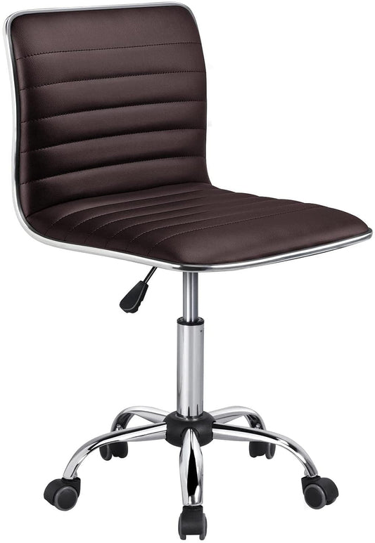 YiSHOP Task Chair Armless Office Chair PU Leather Ribbed Modern Desk Chair Adjustable Low-Back Swivel Chair w/Rolling Wheels Comfy Working Chair Makeup Chair, Brown