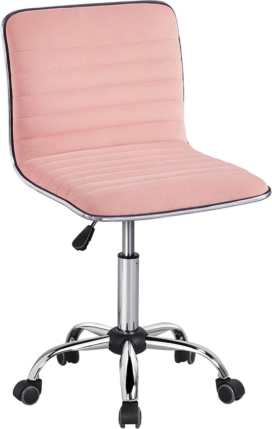 YiSHOP Velvet Low Back Chair Armless Ribbed Office Chair Swivel Task Chair Height Adjustable Chair Apricot Pink