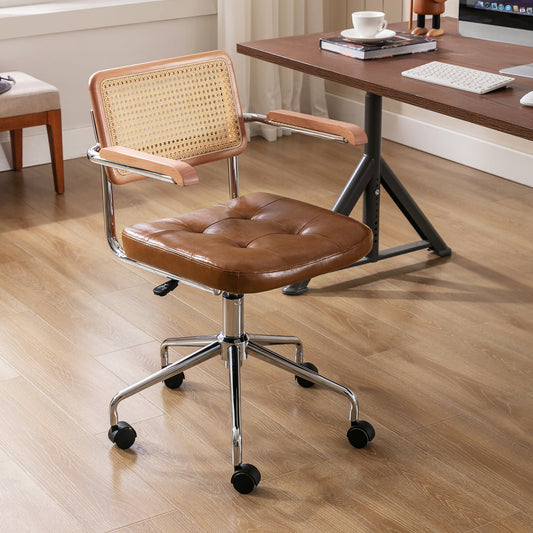 Zesthouse Mid Century Faux Leather Home Office Chair with Rattan Back, 360¡ã Swivel Upholstered Desk Chair with Arms, Tufted Computer Task Chair for Living Room & Office Room, Brown