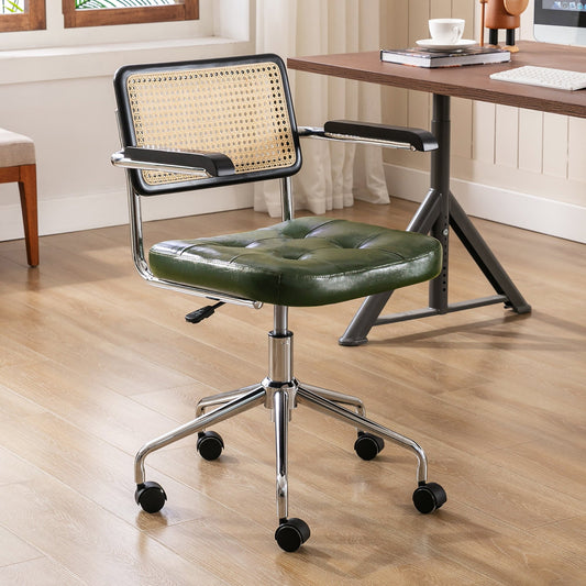 Zesthouse Mid Century Faux Leather Home Office Chair with Rattan Back, 360¡ã Swivel Upholstered Desk Chair with Arms, Tufted Computer Task Chair for Living Room & Office Room, Green