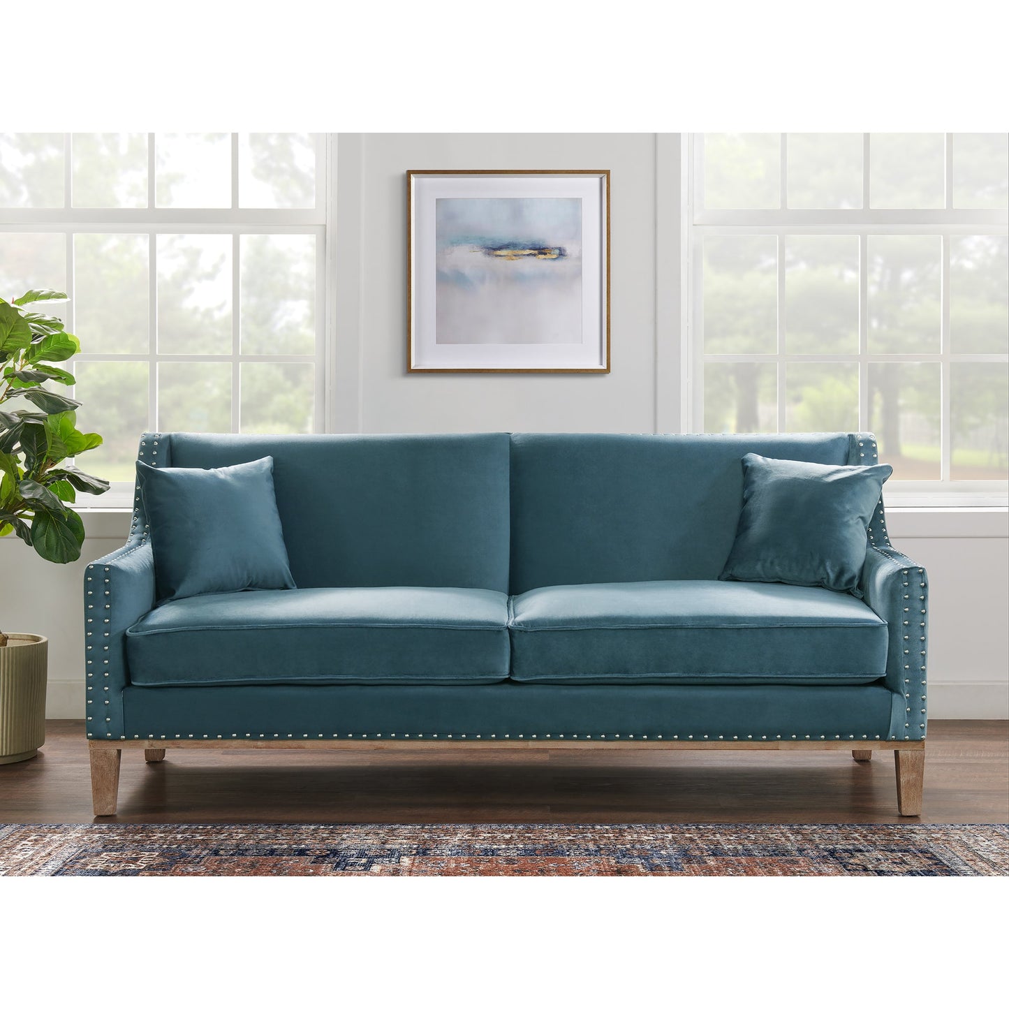 Augusta Sofa W/Distressed Wood in Broadway Marine Blue