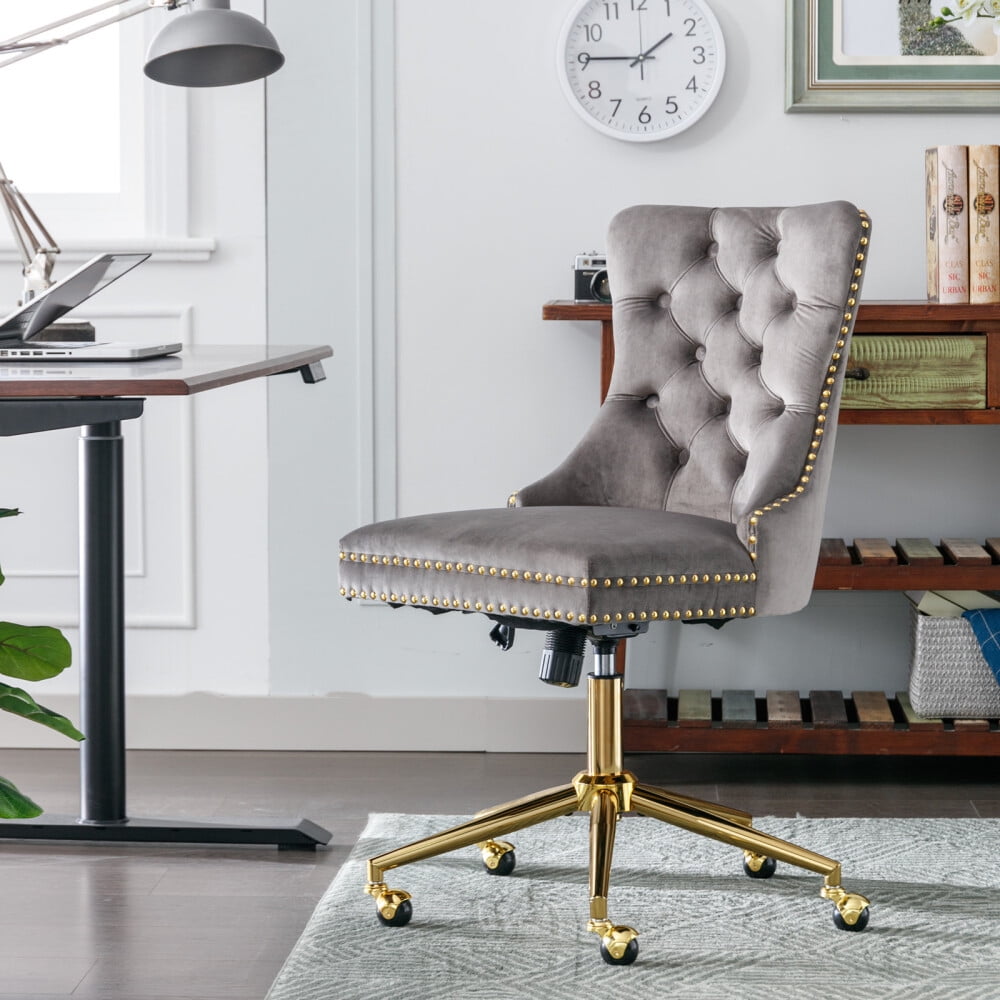 Velvet Office Accent Chair,Upholstered Adjustable Swivel Task Chair with Wheels,Mid-Back Computer Chair with Golden Metal Base, Ergonomic Office Desk Chair for Study Living Room Vanity,Gray