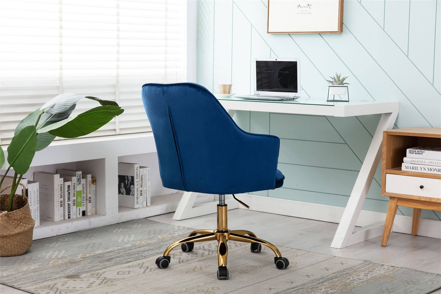 Velvet Home Office Desk Chair, Modern Swivel Armchair, Comfy Task Chair with Height Adjustable, Upholstered Tufted Computer Chair, Leisure Arm Chair, for Vanity Bedroom, Study Room, Navy