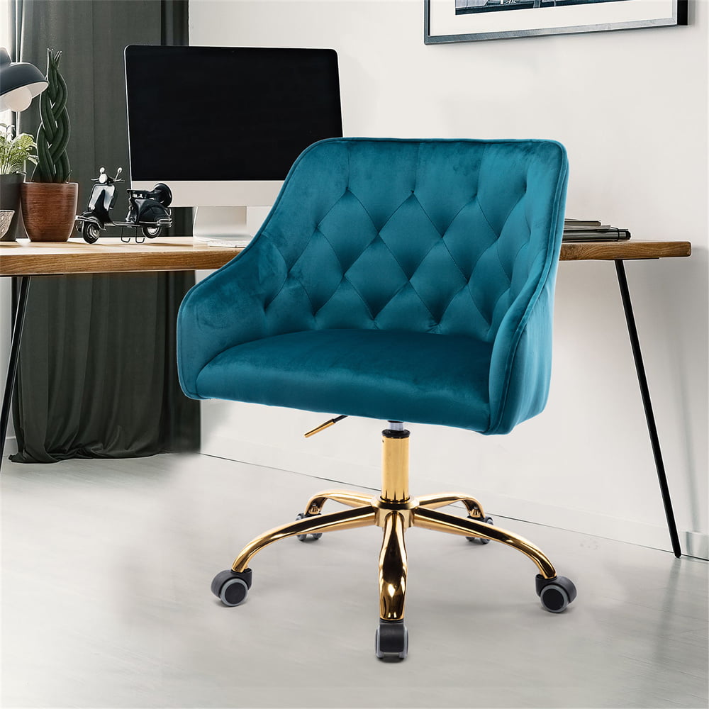 Velvet Home Office Chair, Upholstered Mid Back Ergonomic Computer Desk Chair with Golden Metal Base, Height Adjustable 360¡ã Swivel Shell Armchair Vanity Chair for Living Room Bedroom