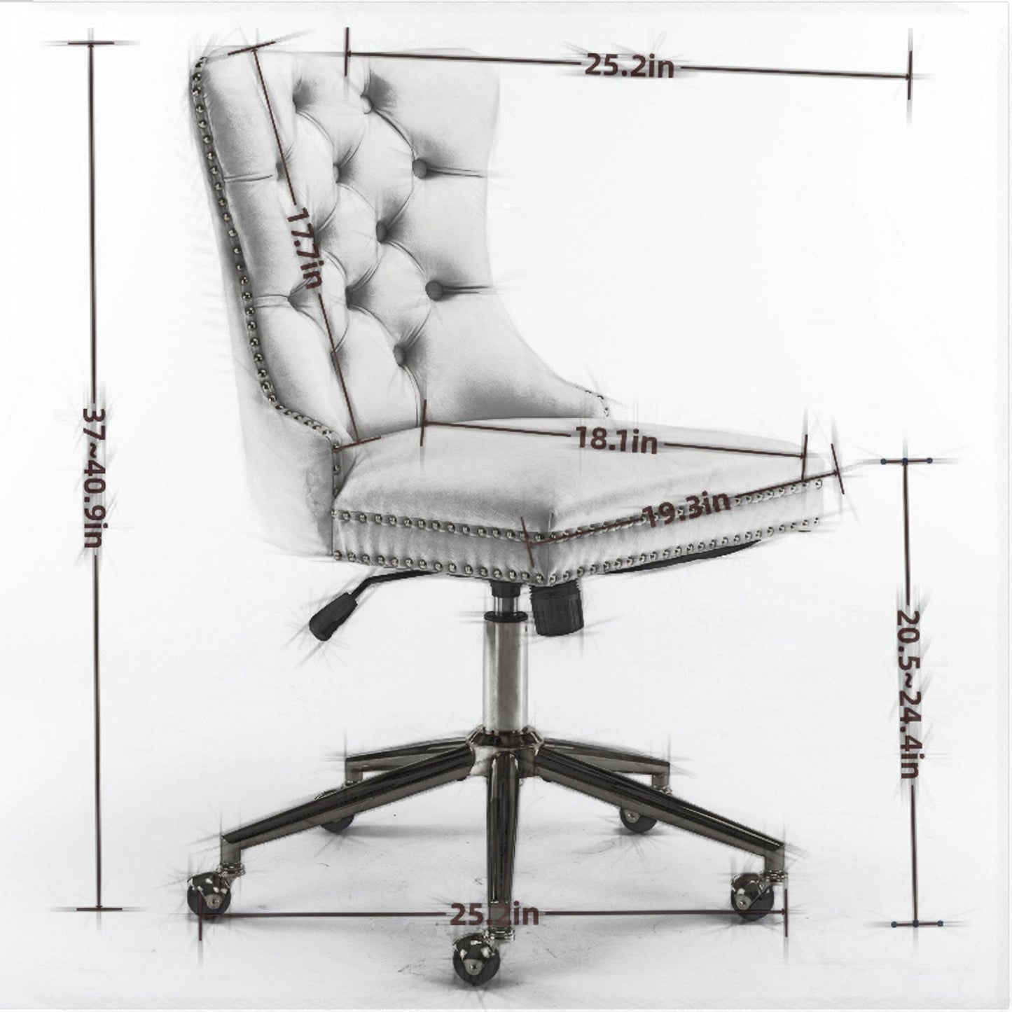 Velvet Office Accent Chair,Upholstered Adjustable Swivel Task Chair with Wheels,Mid-Back Computer Chair with Golden Metal Base, Ergonomic Office Desk Chair for Study Living Room Vanity,Gray