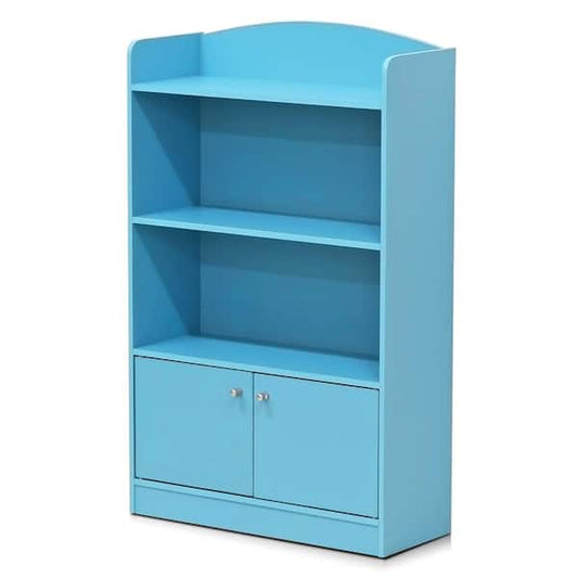 3 Shelf Bookcase Faux Wood Light Blue Open Shelves And Closed Cabinet Storage