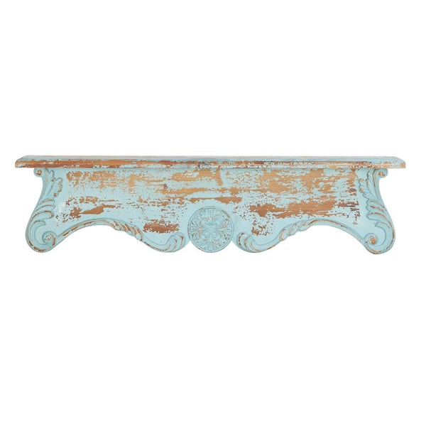 32" x 8"  Rustic Carved Wooden Floating Wall Shelf, Blue