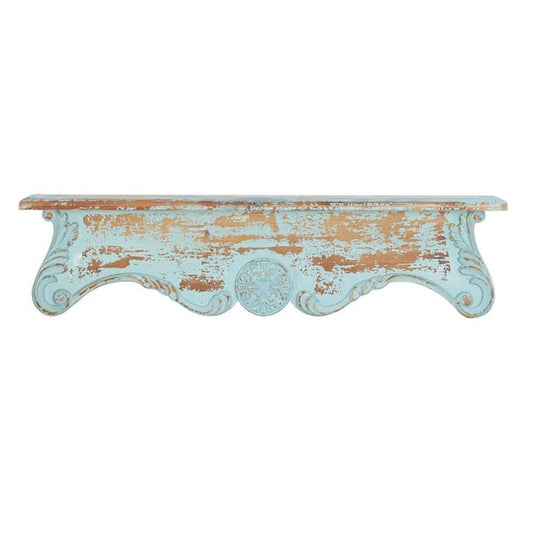 32" x 8"  Rustic Carved Wooden Floating Wall Shelf, Blue