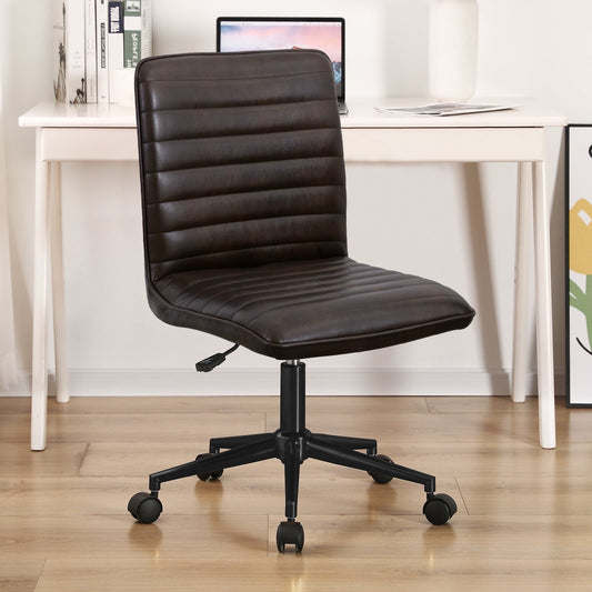 uhomepro Home Office Armless Chair, Velvet Modern Desk Chair with Wheels, Adjustable Upholstered Task Chair Mid-Back Chair for Living Room, Small Space, Leather Black Brown