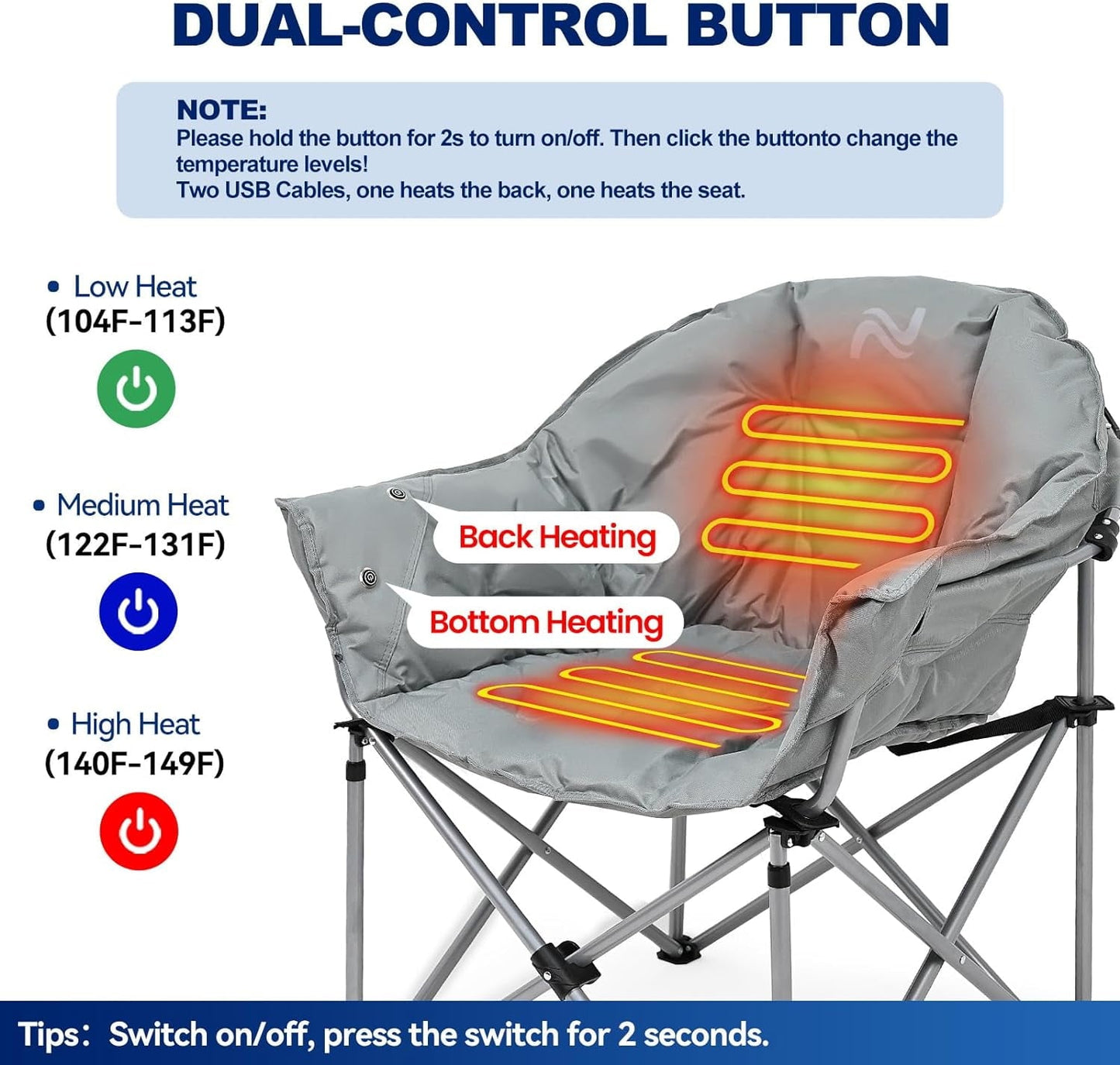 ABORON Oversized Heated Camping Chair, Outdoor Portable Heated Folding Chairs, Patio Lounge Chairs with 3 Heat Levels, Heating Chair for Outdoor Sports, Camping