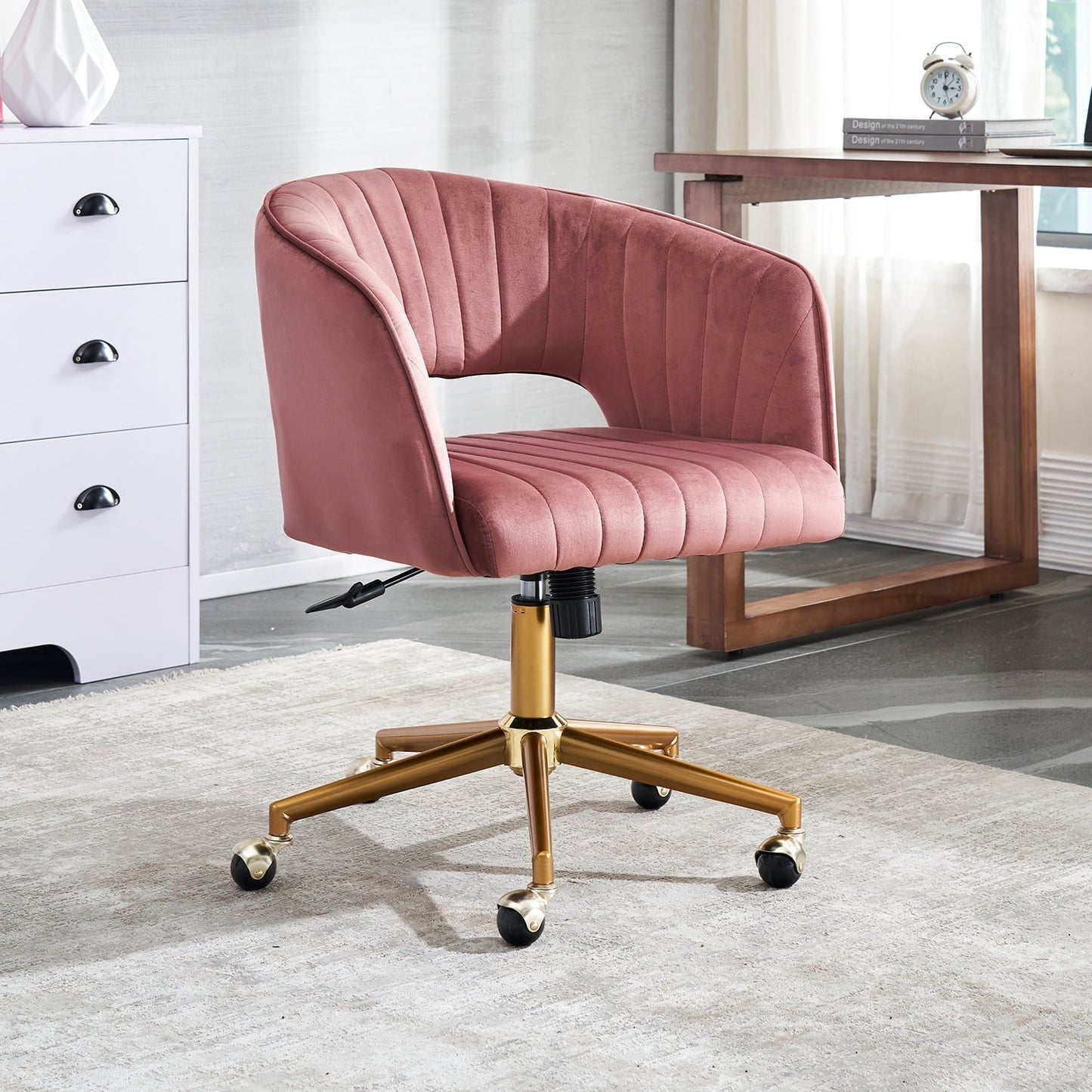 Tzicr Modern Velvet Home Office Chair,Upholstered Chairs with 360 Swivel Armchair and Gold Base,for Living Room, Bedroom, Vanity, Study (Rose red)