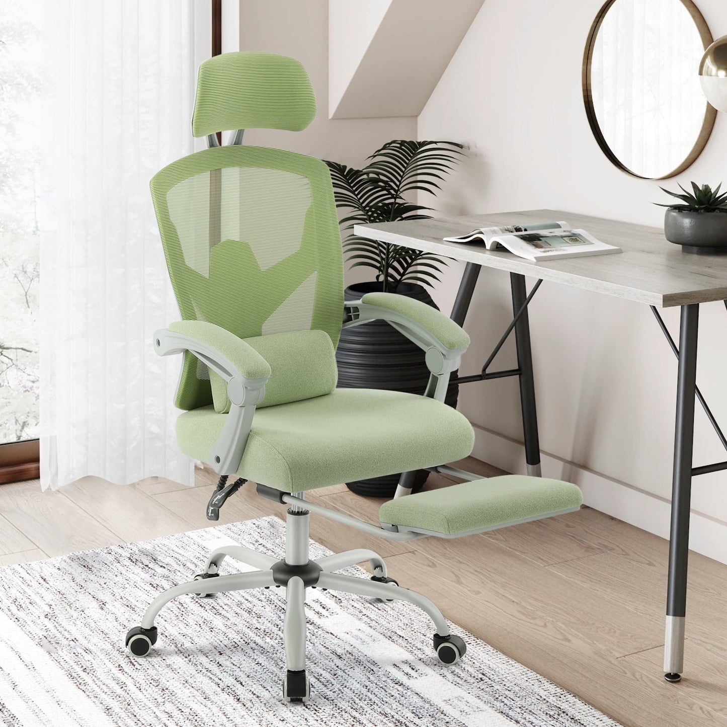 Ultimate Ergonomic Office Chair, High Back Mesh, Reclining with Footrest, Lumbar Support, Adjustable Headrest, and Armrests, Green