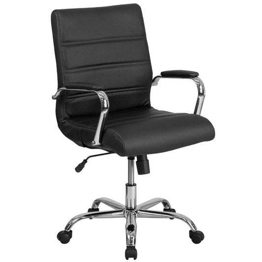 UrbanPro Traditional Mid Back Leather Office Swivel Chair in Black and Chrome
