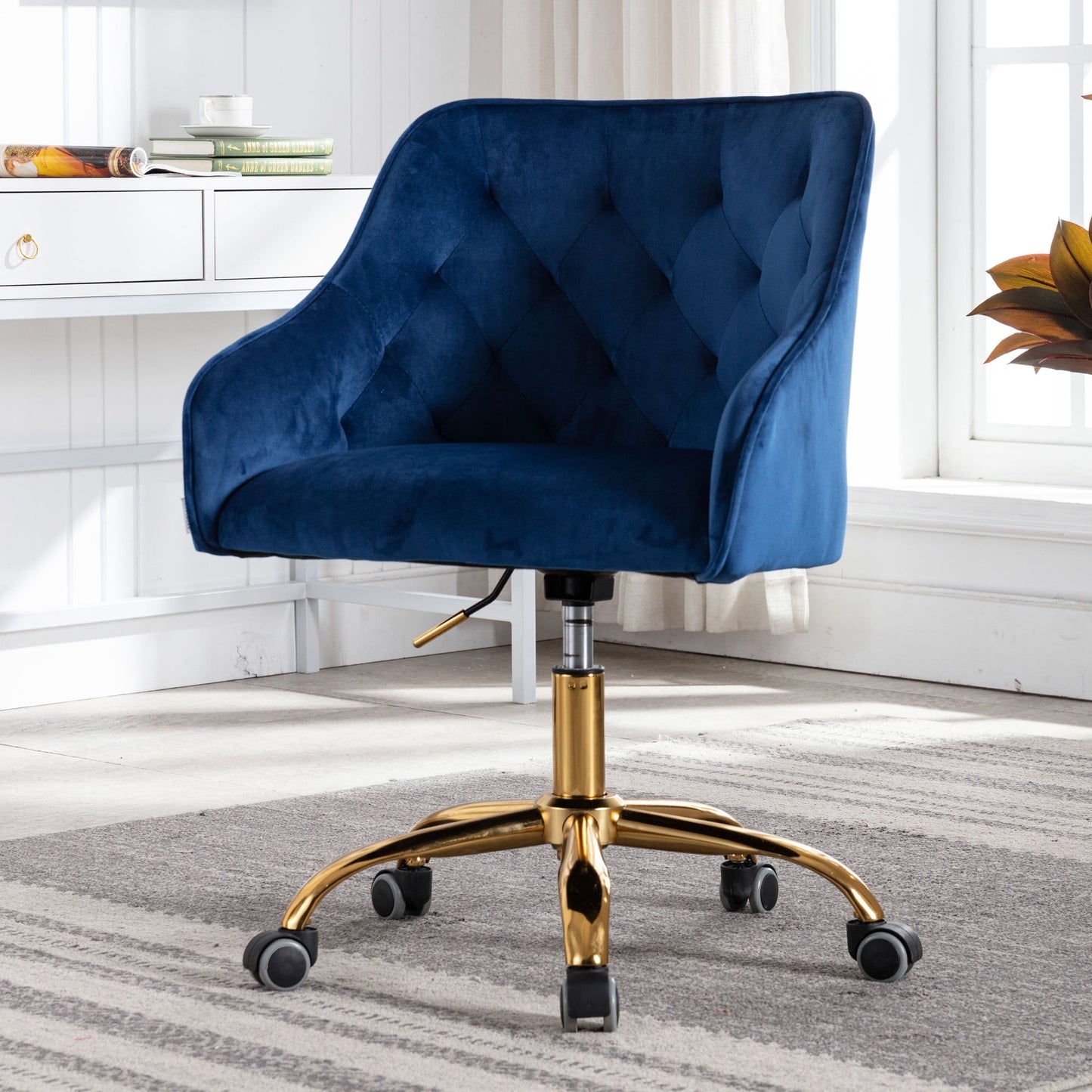 Vanity Chair, Modern Velvet Fabric Office Chair, 360 Degree Swivel Task Chair, Height Adjustable Leisure Chair, Comfy Upholstered Arm Accent Chair for Bedroom, Living Room, Makeup Room, Navy, D7453