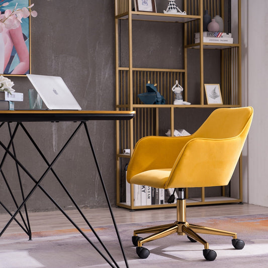 Velvet Fabric Armchair, SYNGAR Modern Height Adjustable Office Chair, 360¡ã Swivel Accent Chair, Comfy Upholstered Vanity Chair with Soft Arm and Back, Task Chair for Home Office, Yellow, D4414