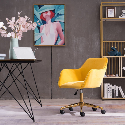 Velvet Fabric Vanity Chair for Makeup Room, Modern Accent Chair for Living Room, Height Adjustable Swivel Chair for Home Office, Comfy Upholstered Arm Chair with Back for Bedroom, Yellow, D4407