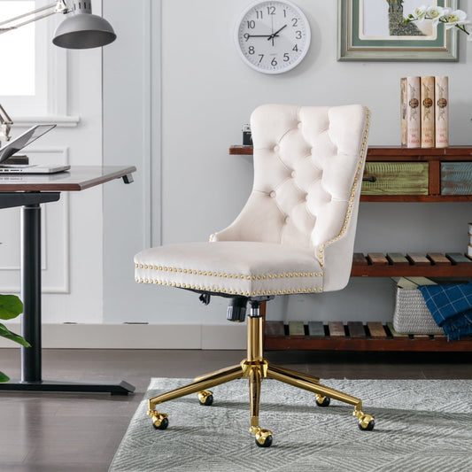 Velvet Home Office Chair, Adjustable Swivel Computer Chair, Upholstered Tufted Button Task Chair with Golden Metal Base, Vanity Chair for Study, Living Room, Bedroom, Beige