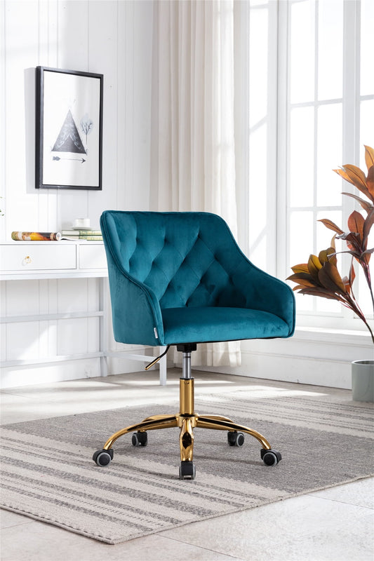 Velvet Home Office Chair, Upholstered Mid Back Ergonomic Computer Desk Chair with Golden Metal Base, Height Adjustable 360¡ã Swivel Shell Armchair Vanity Chair for Living Room Bedroom