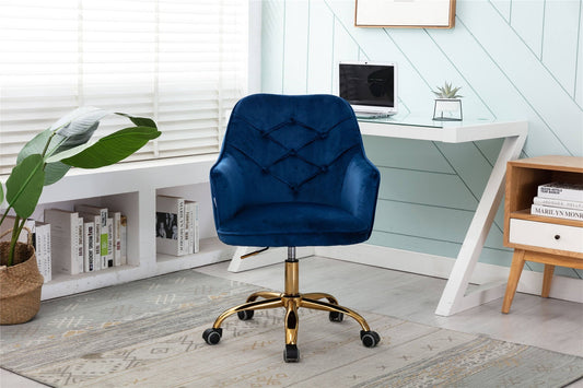 Velvet Home Office Desk Chair, Modern Swivel Armchair, Comfy Task Chair with Height Adjustable, Upholstered Tufted Computer Chair, Leisure Arm Chair, for Vanity Bedroom, Study Room, Navy
