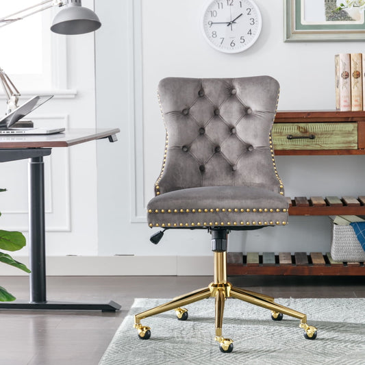 Velvet Office Accent Chair,Upholstered Adjustable Swivel Task Chair with Wheels,Mid-Back Computer Chair with Golden Metal Base, Ergonomic Office Desk Chair for Study Living Room Vanity,Gray