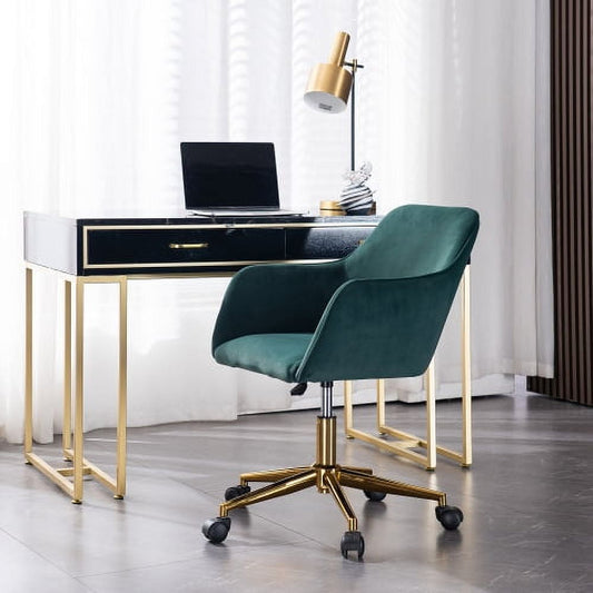 Velvet Office Desk Chair with Mid-Back, Modern Height Adjustable 360¡ã Swivel Upholstered Computer Task Chair with Arms and Wheels for Study Room Living Room Bedroom (Dark Green)